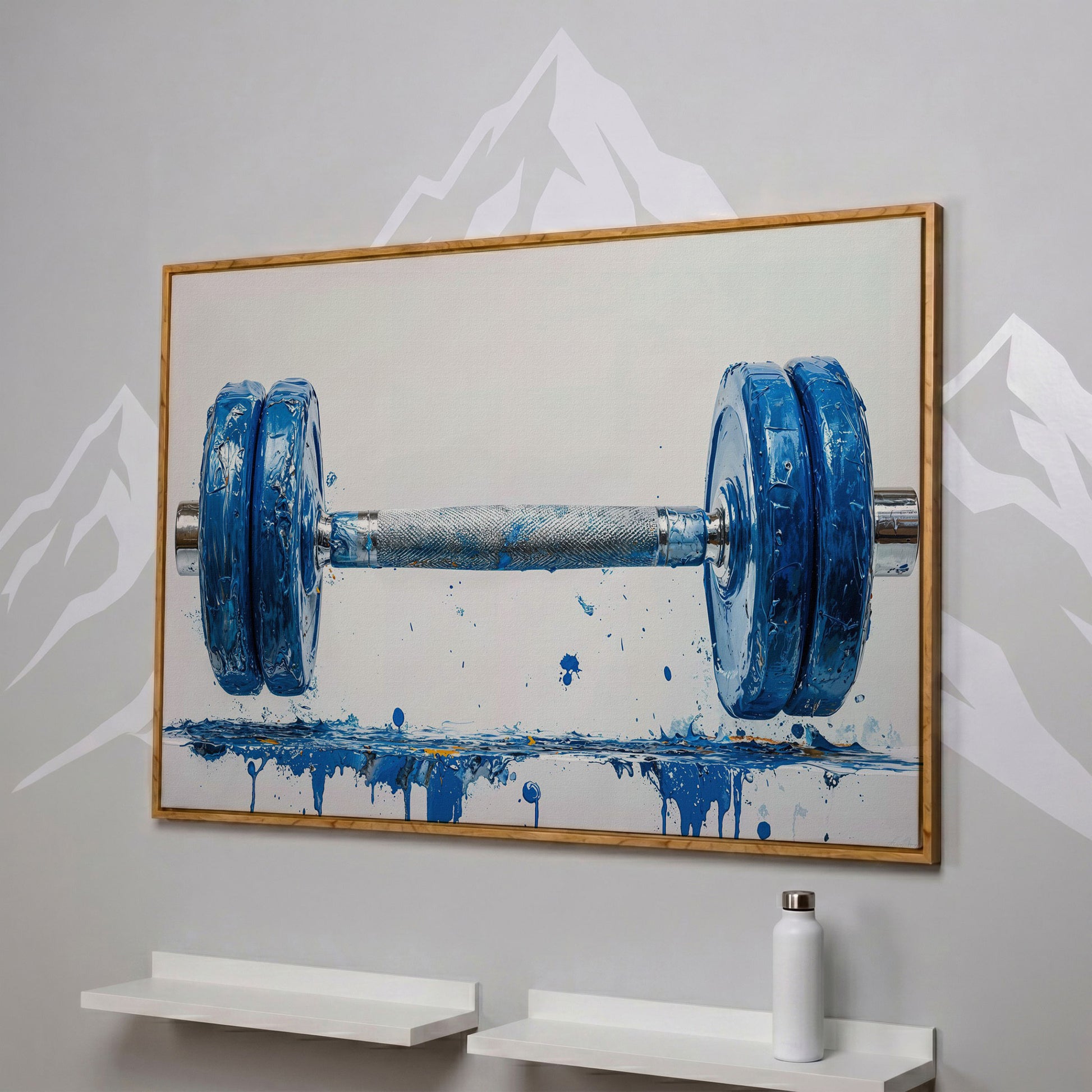 Cobalt Dumbbell Canvas Wall Art for Home Gyms in white oak floating frame
