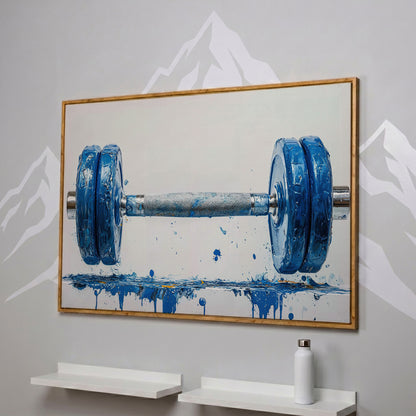 Cobalt Dumbbell Canvas Wall Art for Home Gyms in white oak floating frame