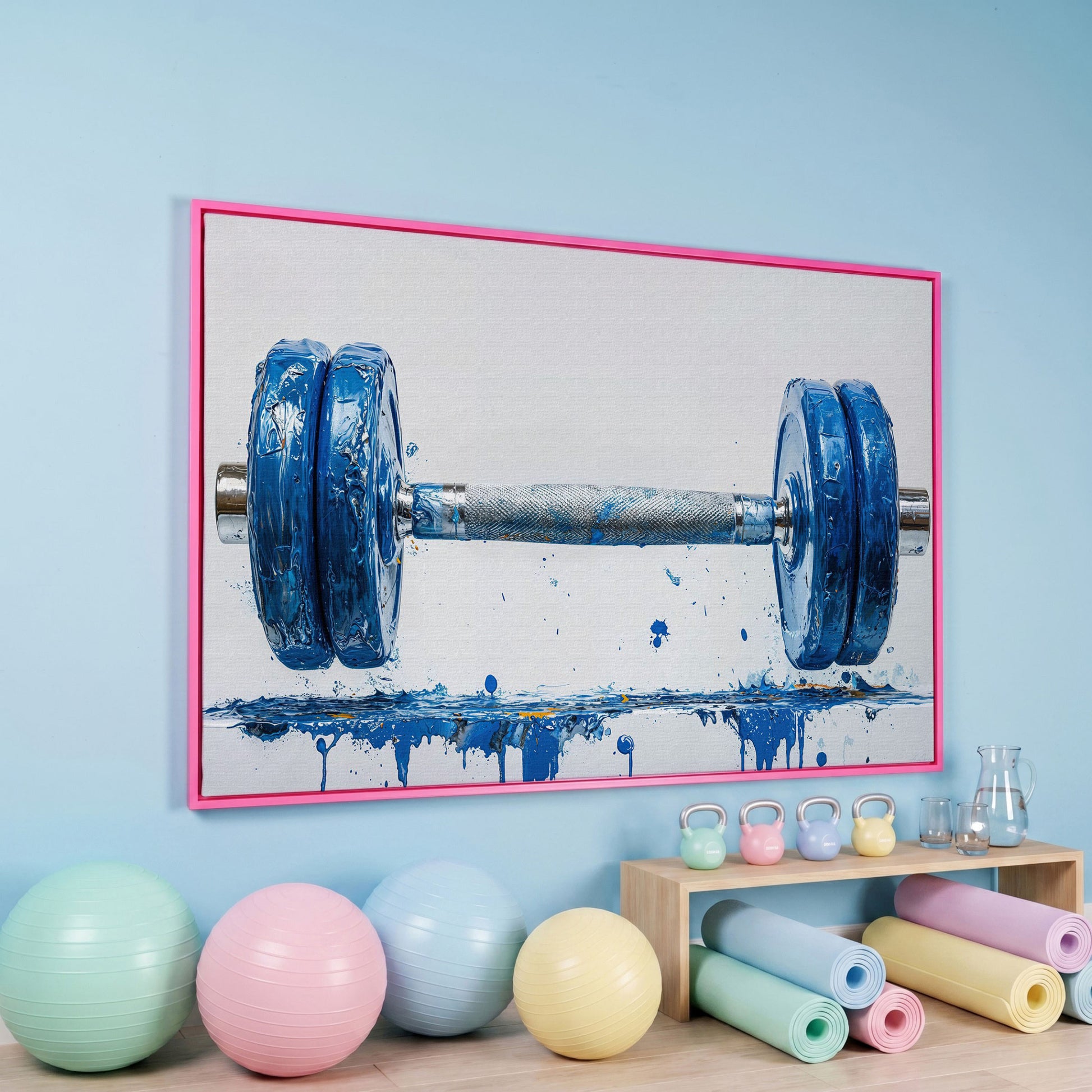 Cobalt Dumbbell Canvas Wall Art for Home Gyms in pink floating frame