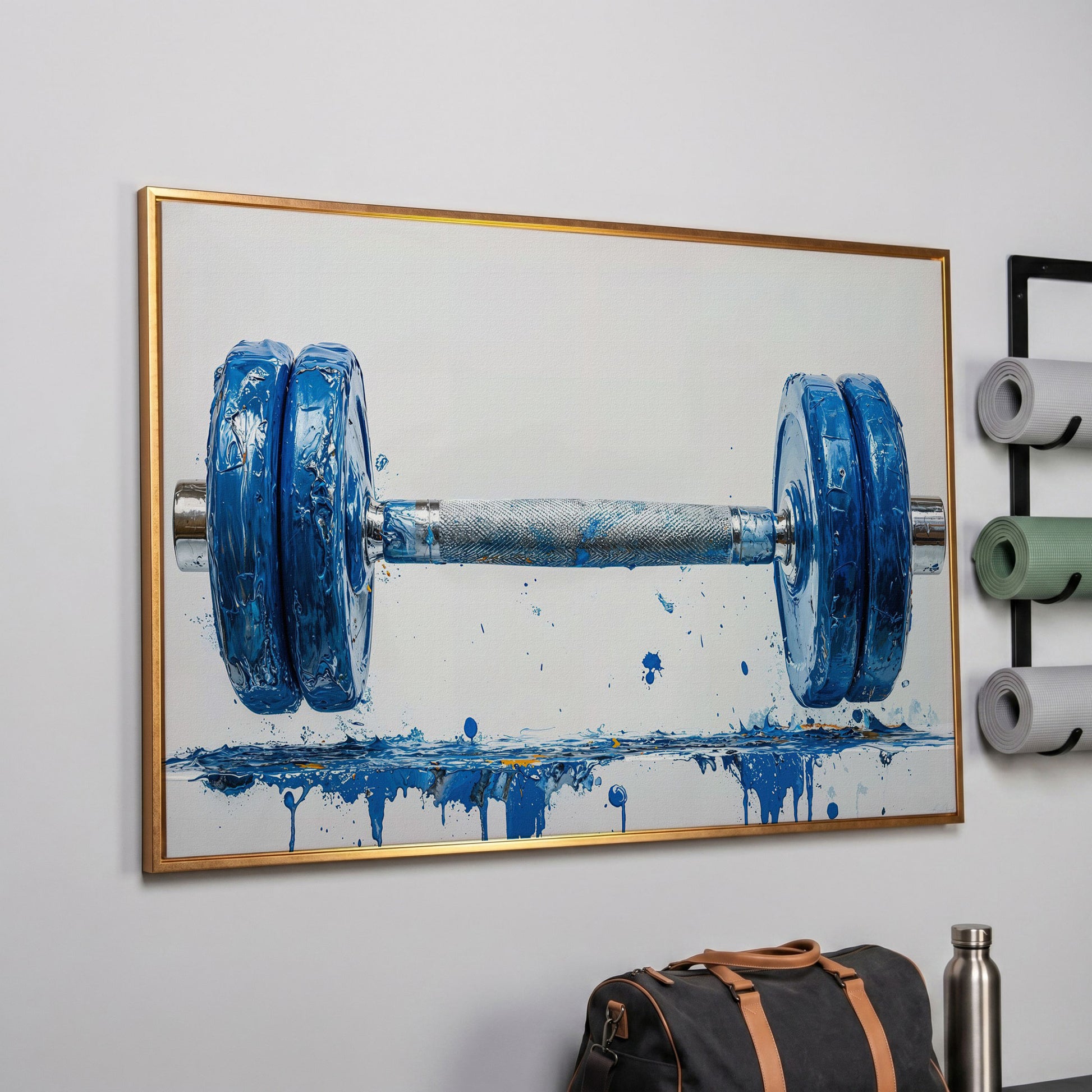 Cobalt Dumbbell Canvas Wall Art for Home Gyms in rose gold floating frame