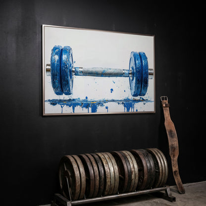 Cobalt Dumbbell Canvas Wall Art for Home Gyms in silver floating frame