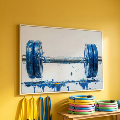 Cobalt Dumbbell Canvas Wall Art for Home Gyms in white floating frame