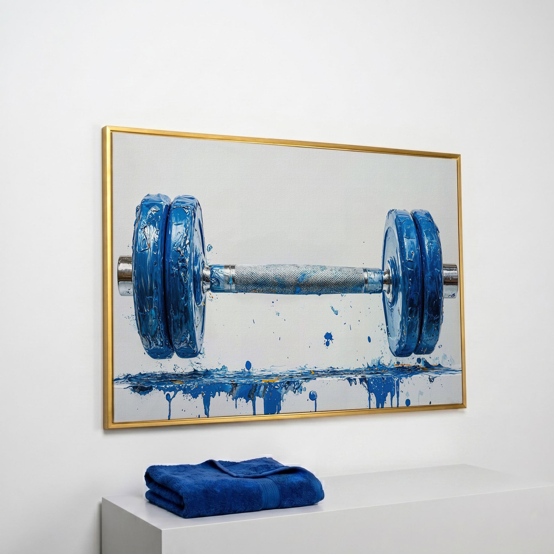 Cobalt Dumbbell Canvas Wall Art for Home Gyms in yellow gold floating frame