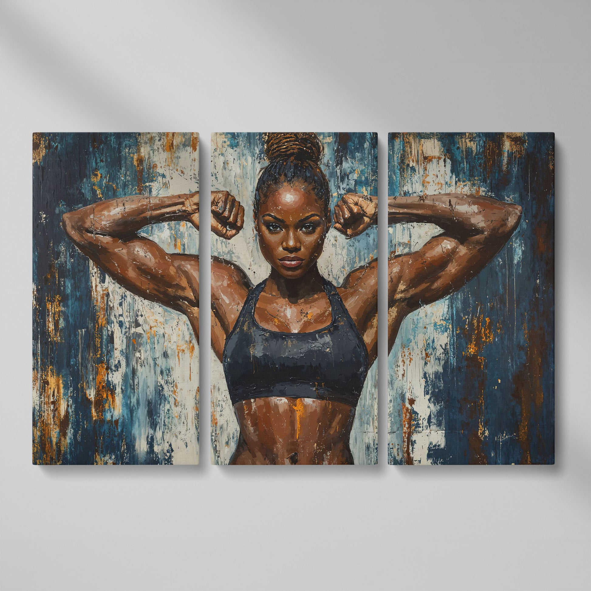 Female Athlete Canvas Print with Cobalt Drip Effect as 3-panel split version