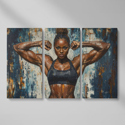 Female Athlete Canvas Print with Cobalt Drip Effect as 3-panel split version