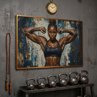 Female Athlete Canvas Print with Cobalt Drip Effect in antique gold floating frame