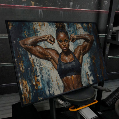 Female Athlete Canvas Print with Cobalt Drip Effect in black floating frame