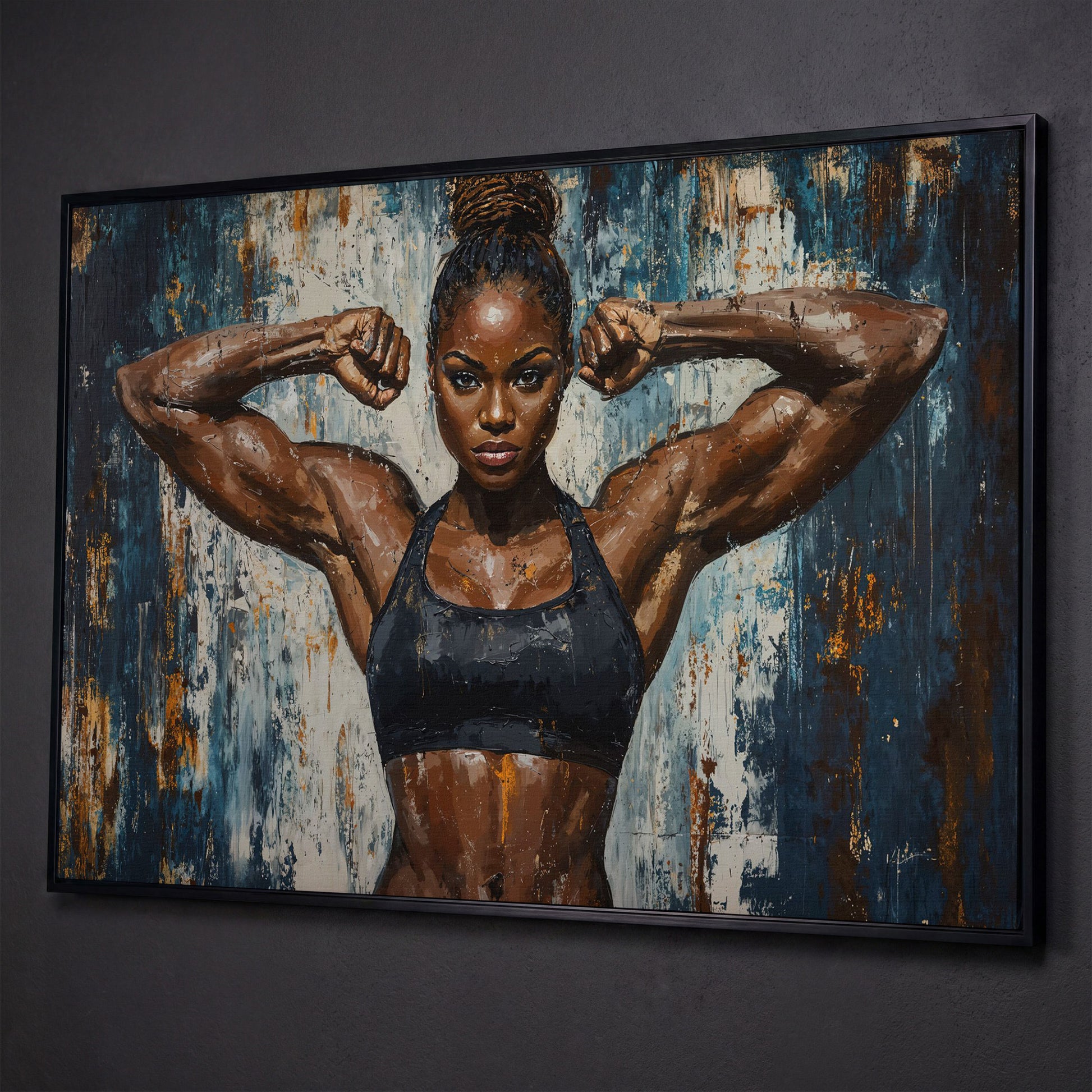 Female Athlete Canvas Print with Cobalt Drip Effect shown in black floating frame