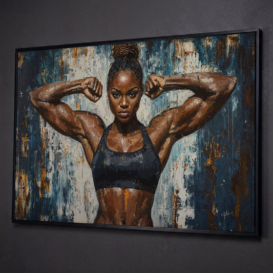 Female Athlete Canvas Print with Cobalt Drip Effect shown in black floating frame