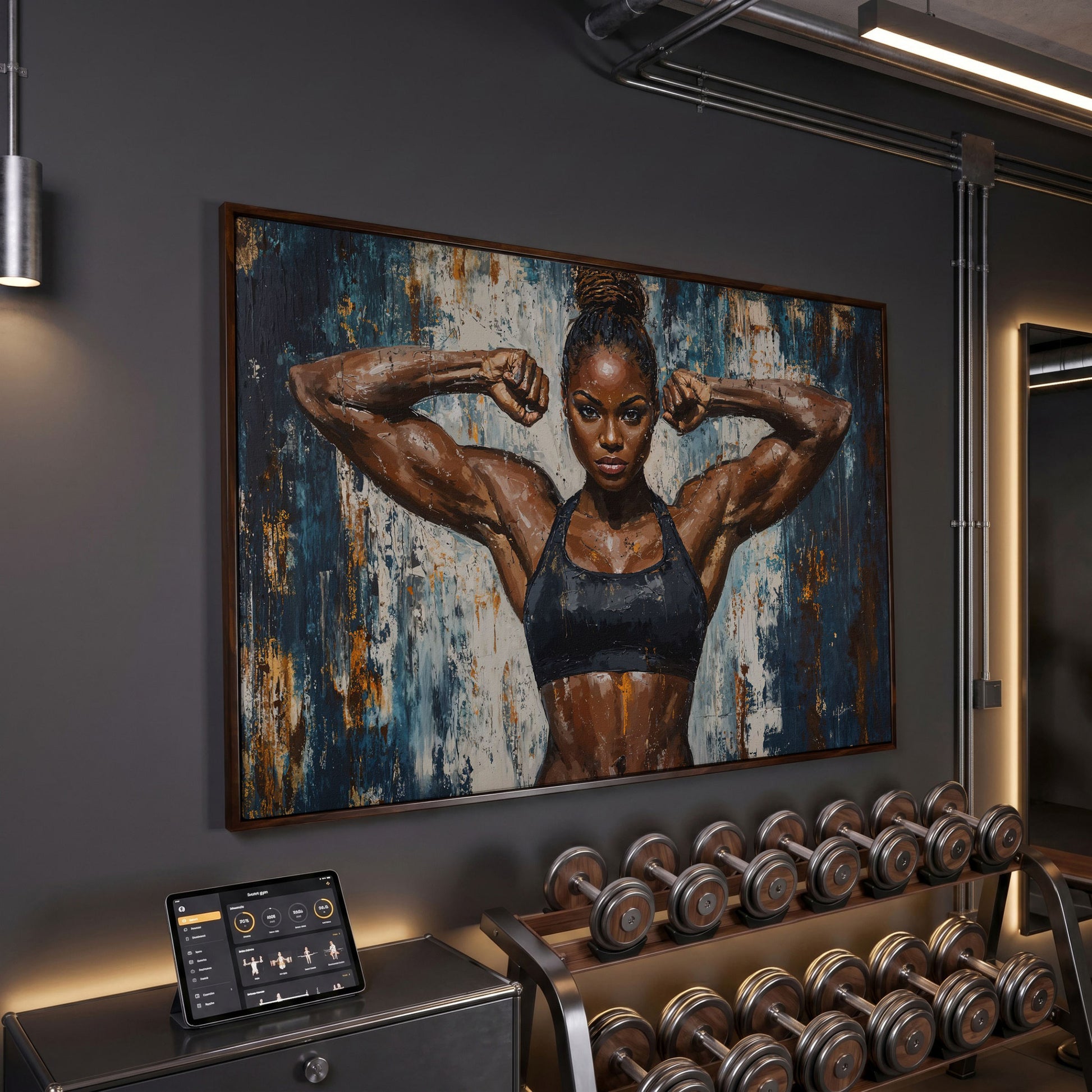 Female Athlete Canvas Print with Cobalt Drip Effect in dark walnut floating frame