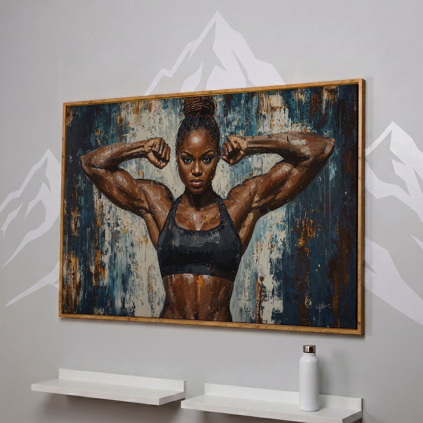 Female Athlete Canvas Print with Cobalt Drip Effect in white oak floating frame