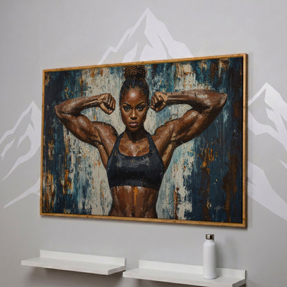 Female Athlete Canvas Print with Cobalt Drip Effect in white oak floating frame