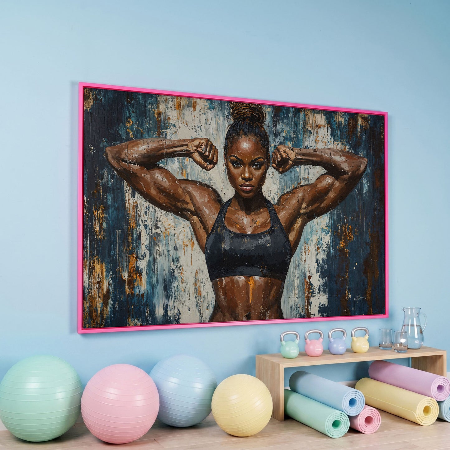 Female Athlete Canvas Print with Cobalt Drip Effect in pink floating frame