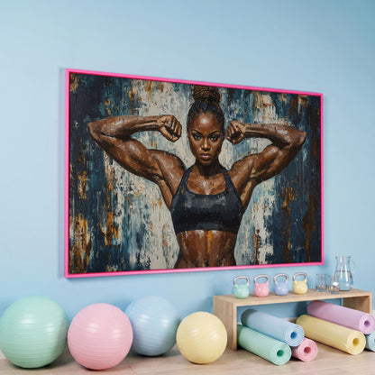 Female Athlete Canvas Print with Cobalt Drip Effect in pink floating frame