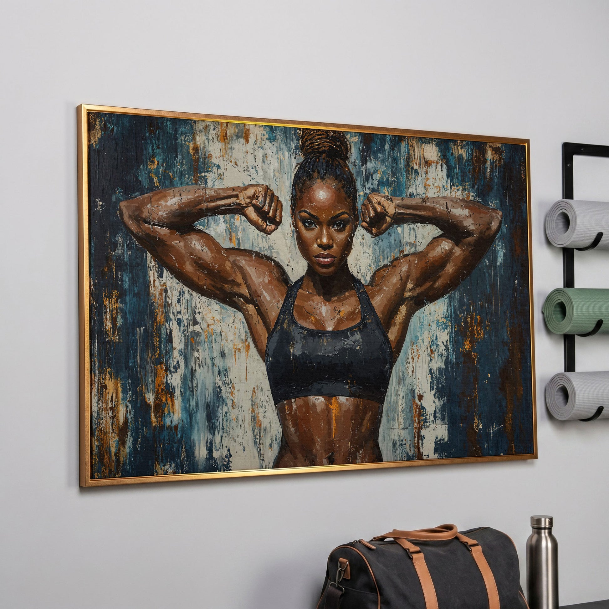 Female Athlete Canvas Print with Cobalt Drip Effect in rose gold floating frame