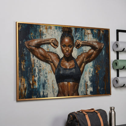Female Athlete Canvas Print with Cobalt Drip Effect in rose gold floating frame