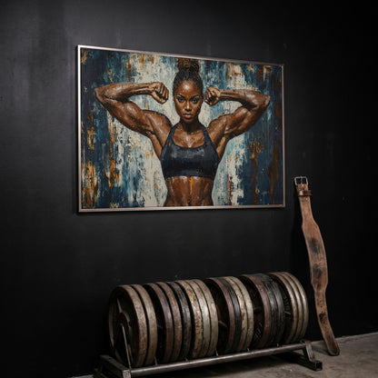 Female Athlete Canvas Print with Cobalt Drip Effect in silver floating frame