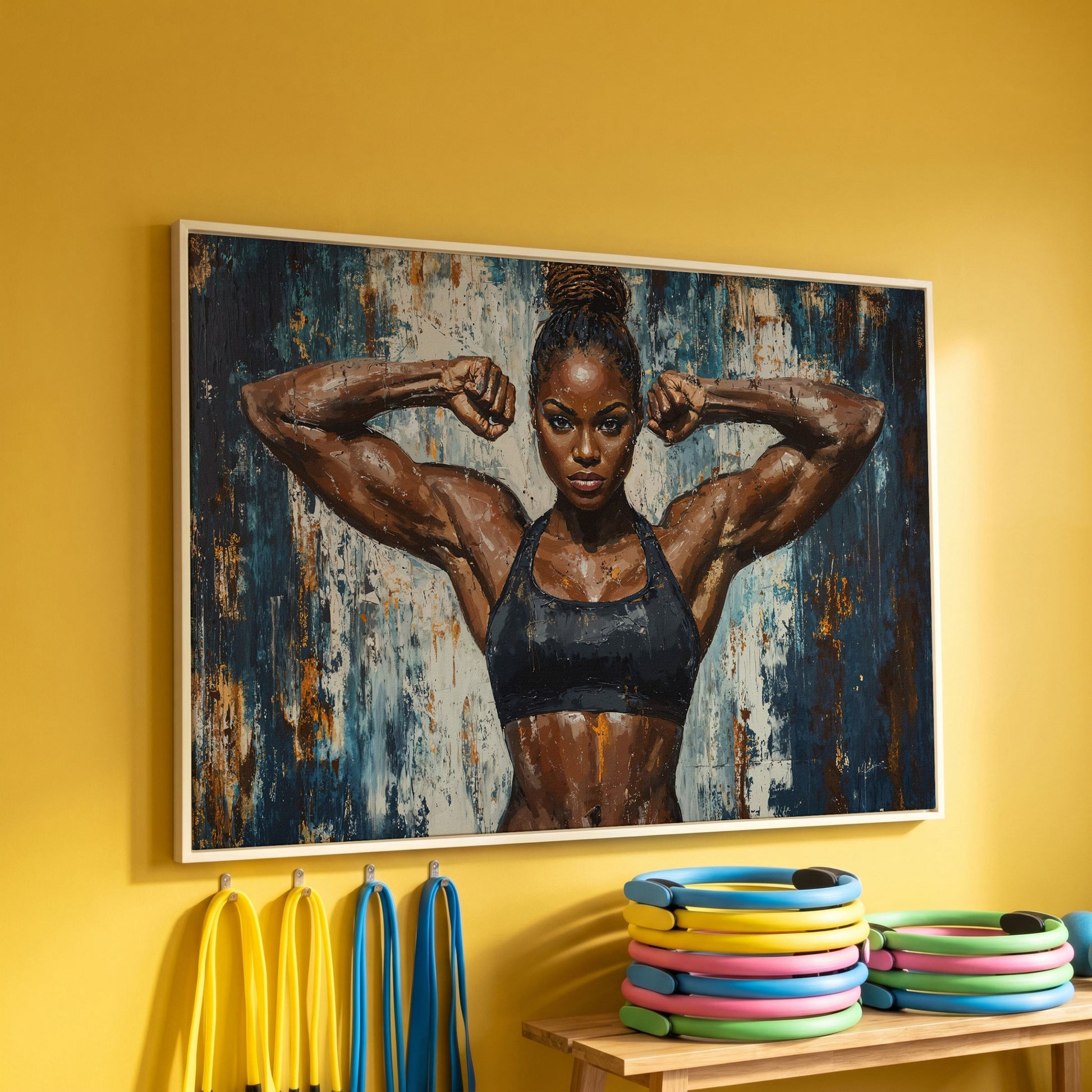 Female Athlete Canvas Print with Cobalt Drip Effect in white floating frame