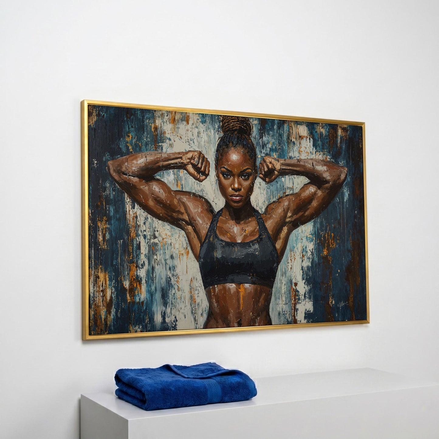 Female Athlete Canvas Print with Cobalt Drip Effect in yellow gold floating frame
