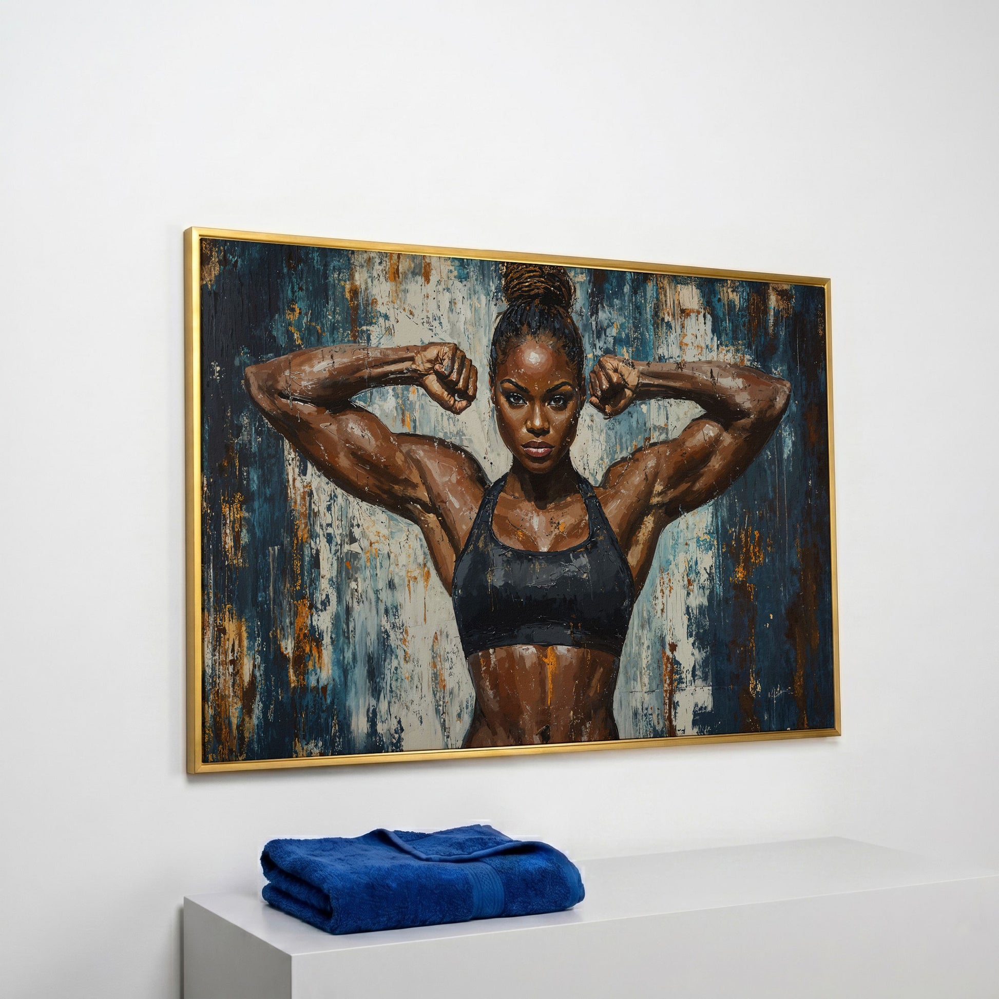 Female Athlete Canvas Print with Cobalt Drip Effect in yellow gold floating frame