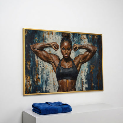 Female Athlete Canvas Print with Cobalt Drip Effect in yellow gold floating frame