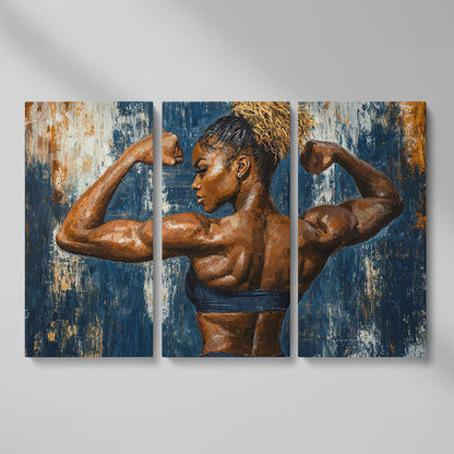 Muscular Woman Canvas Print for Gym Wall Art as 3-panel split version