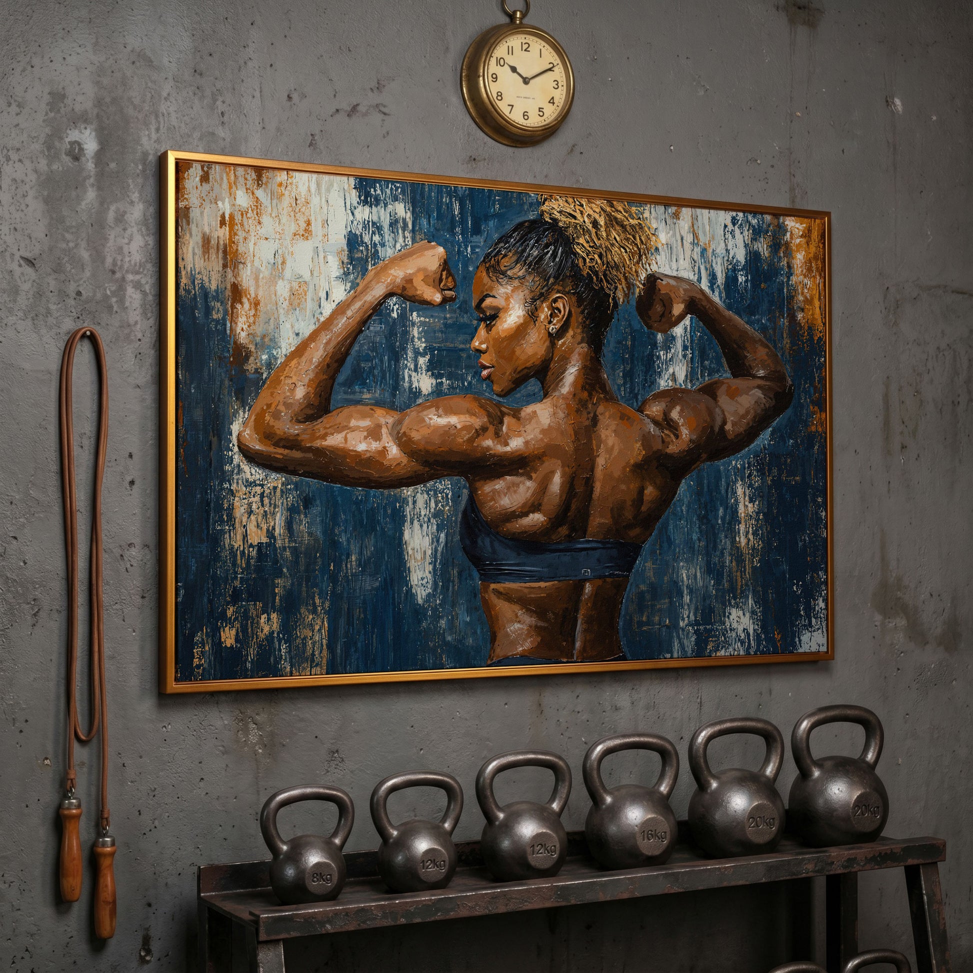 Muscular Woman Canvas Print for Gym Wall Art in antique gold floating frame