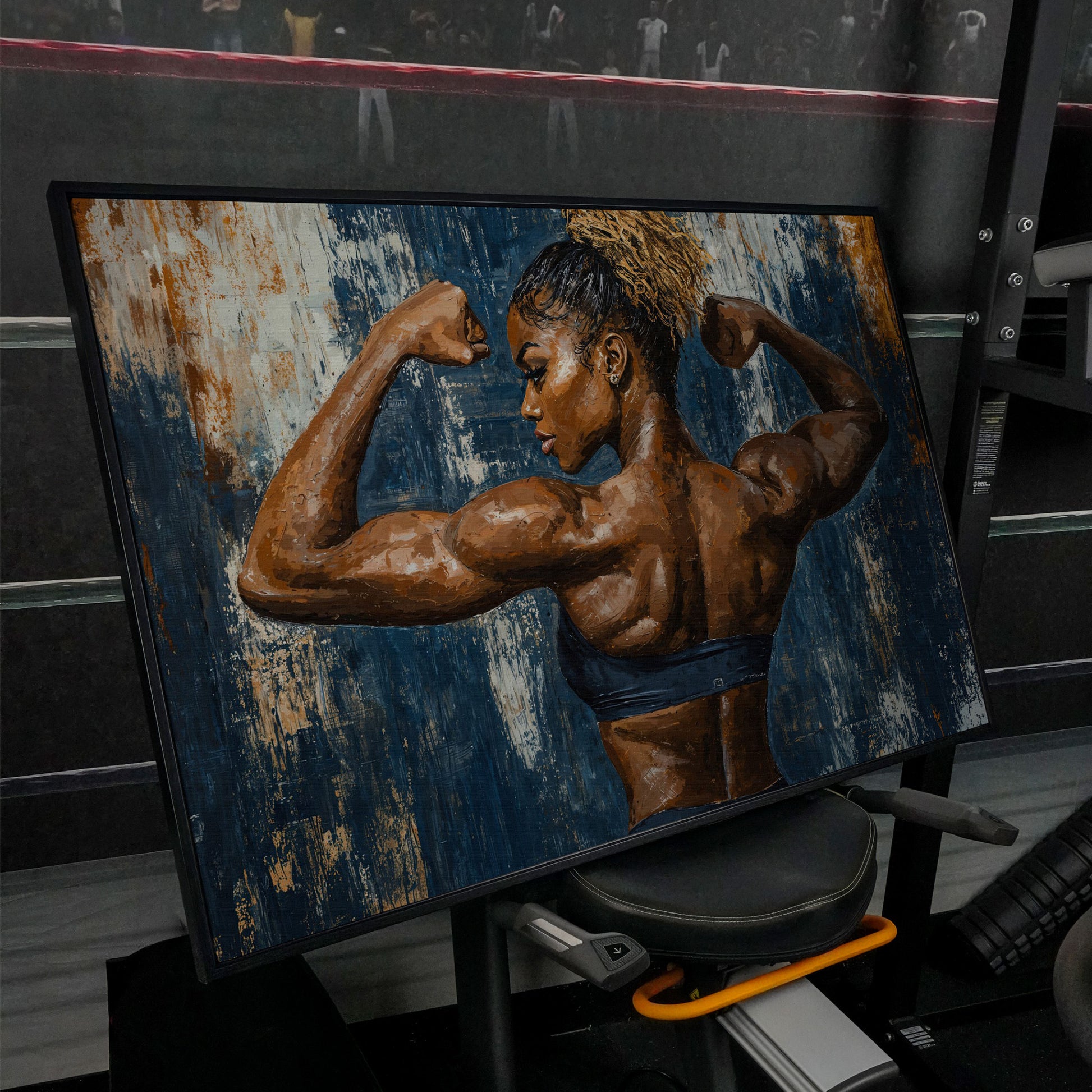 Muscular Woman Canvas Print for Gym Wall Art in black floating frame
