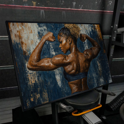 Muscular Woman Canvas Print for Gym Wall Art in black floating frame