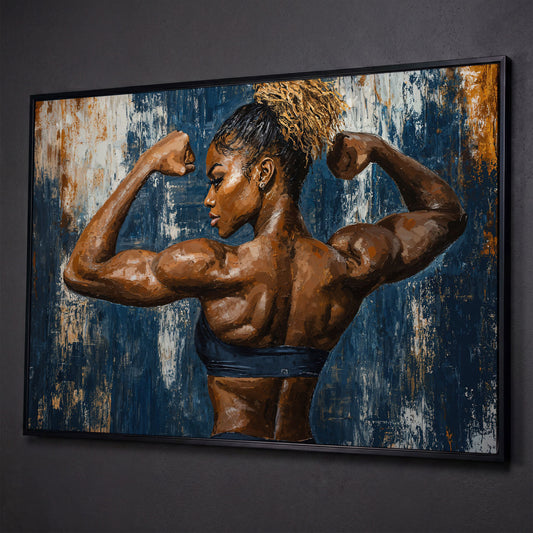 Muscular Woman Canvas Print for Gym Wall Art shown in black floating frame