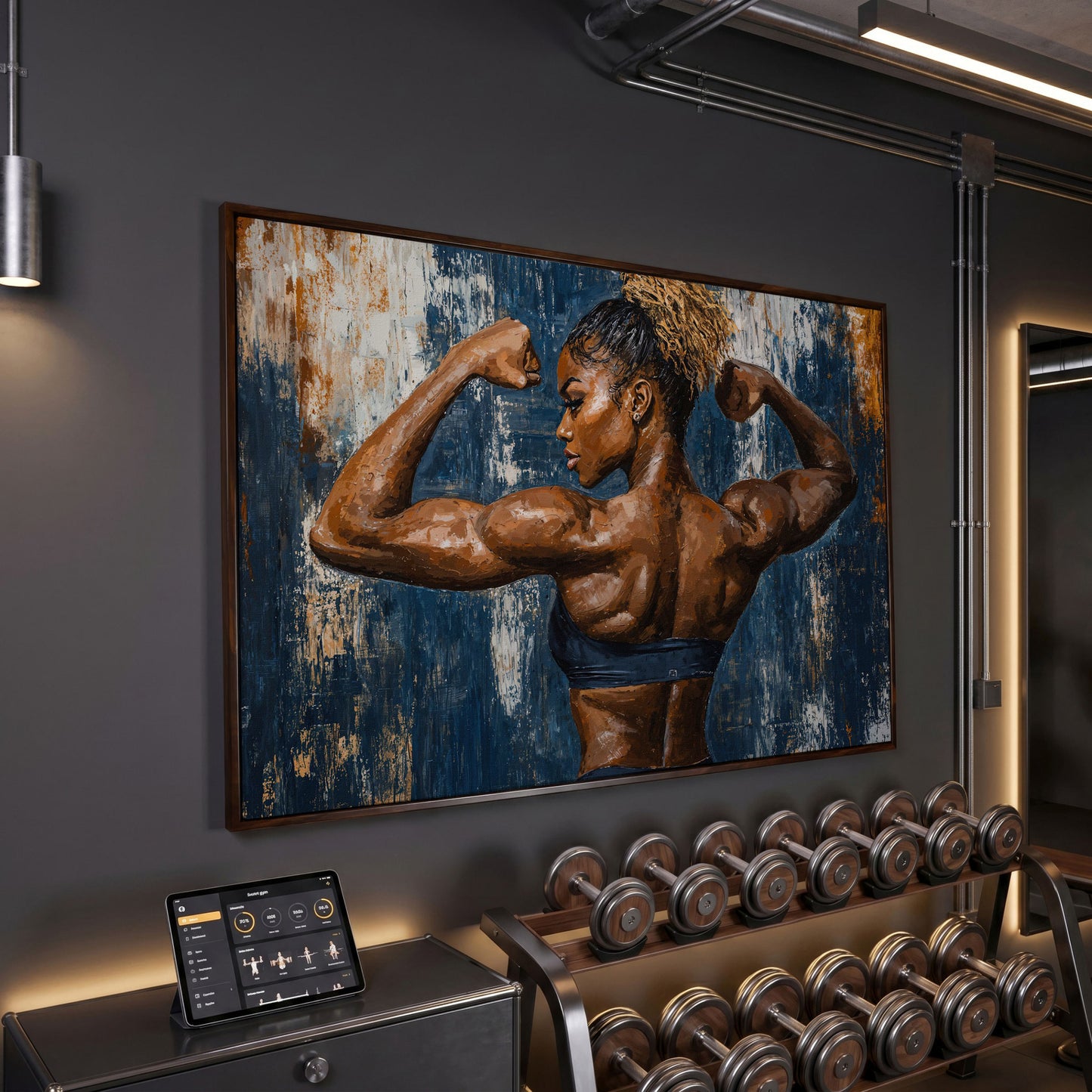 Muscular Woman Canvas Print for Gym Wall Art in dark walnut floating frame