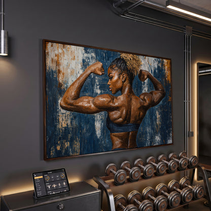 Muscular Woman Canvas Print for Gym Wall Art in dark walnut floating frame