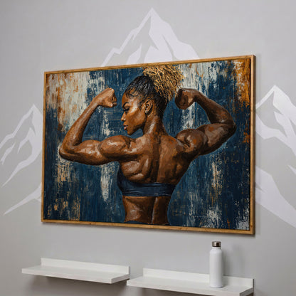 Muscular Woman Canvas Print for Gym Wall Art in white oak floating frame