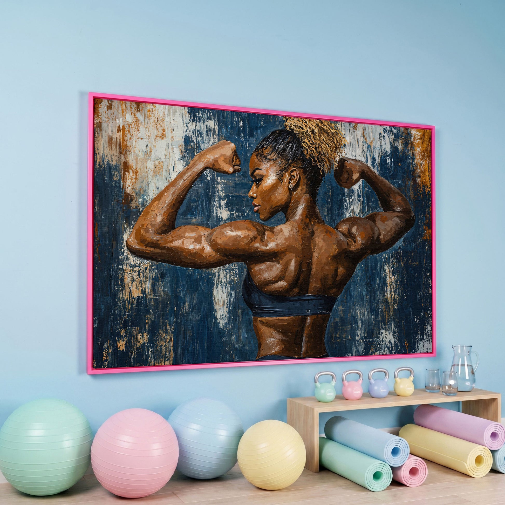 Muscular Woman Canvas Print for Gym Wall Art in pink floating frame