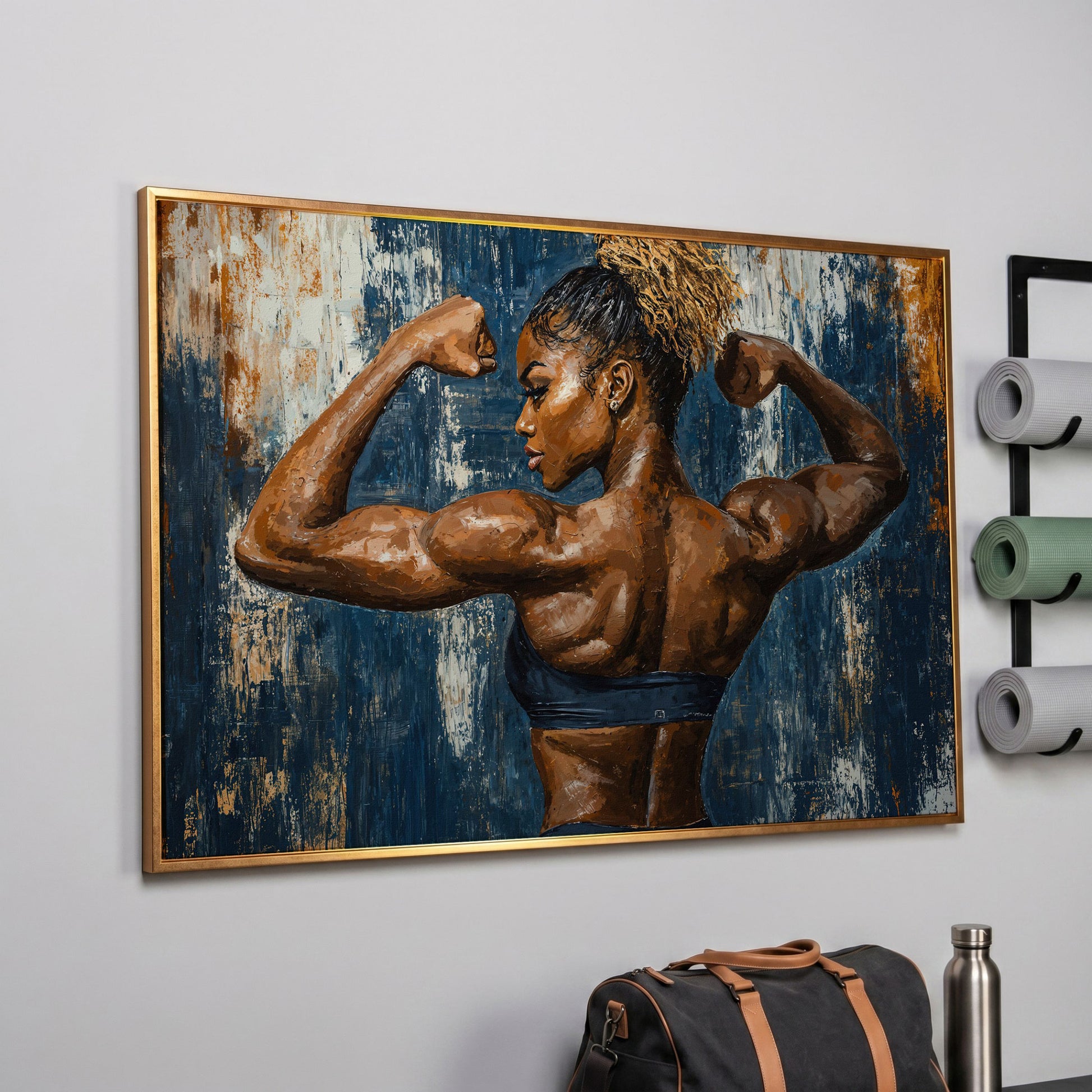Muscular Woman Canvas Print for Gym Wall Art in rose gold floating frame