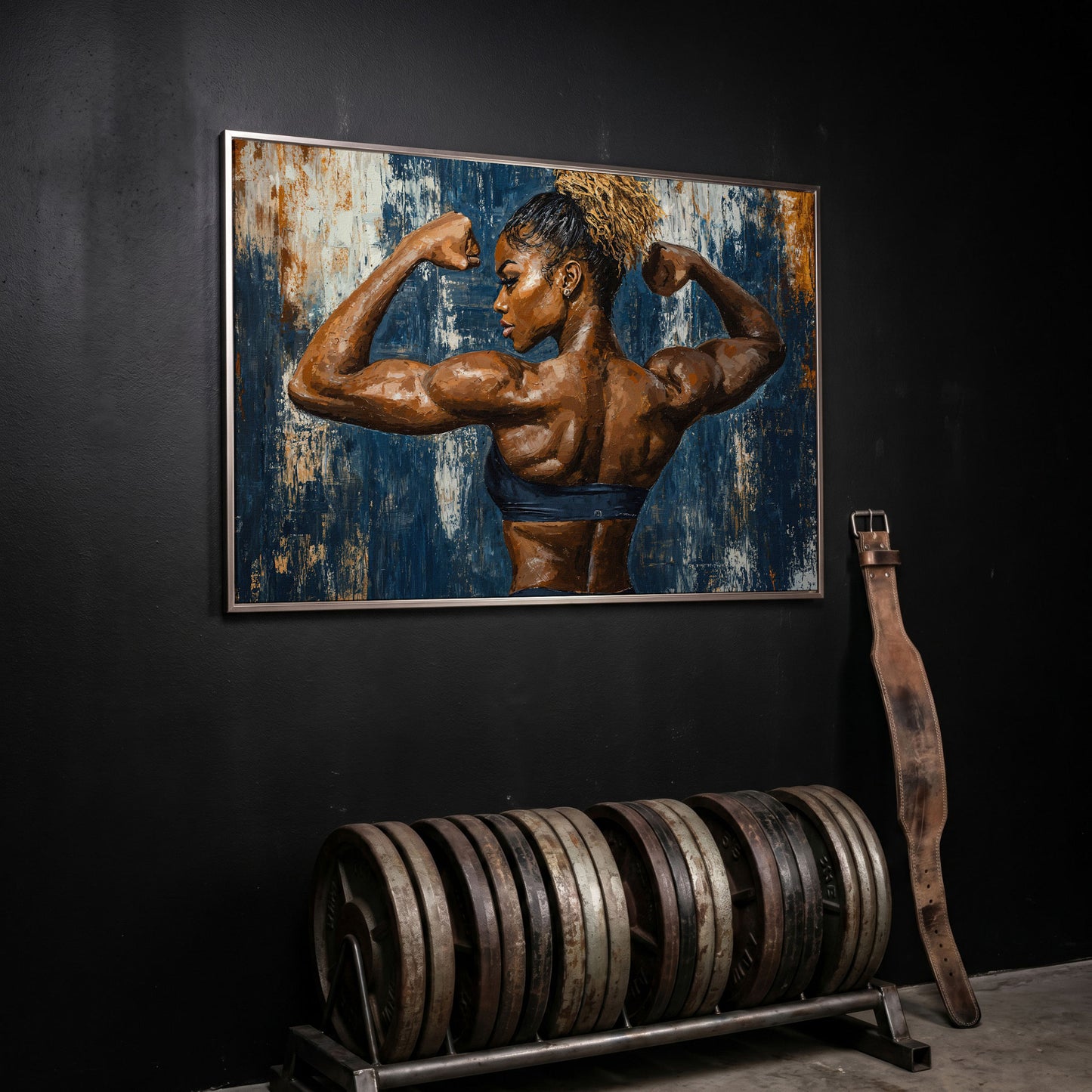 Muscular Woman Canvas Print for Gym Wall Art in silver floating frame