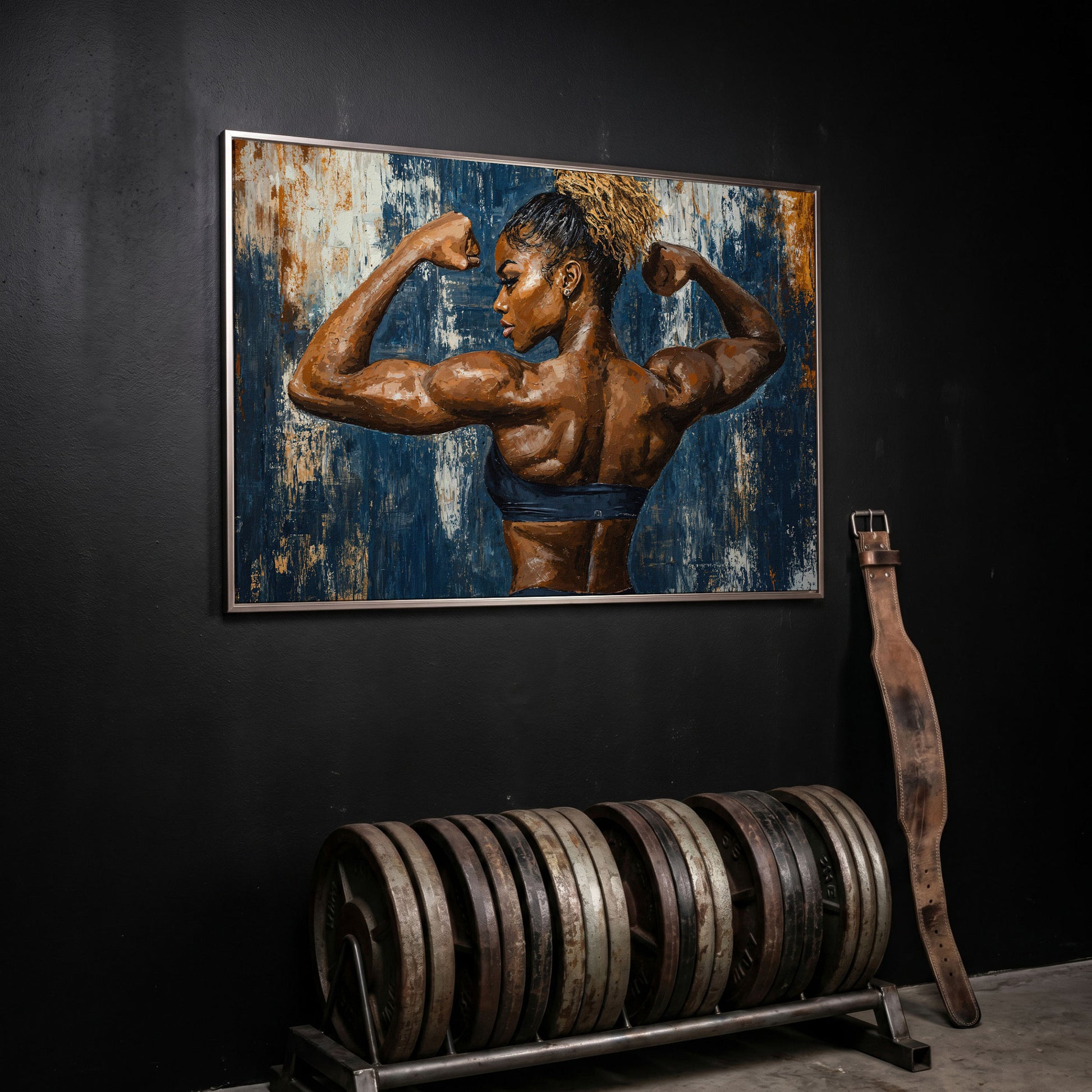 Muscular Woman Canvas Print for Gym Wall Art in silver floating frame