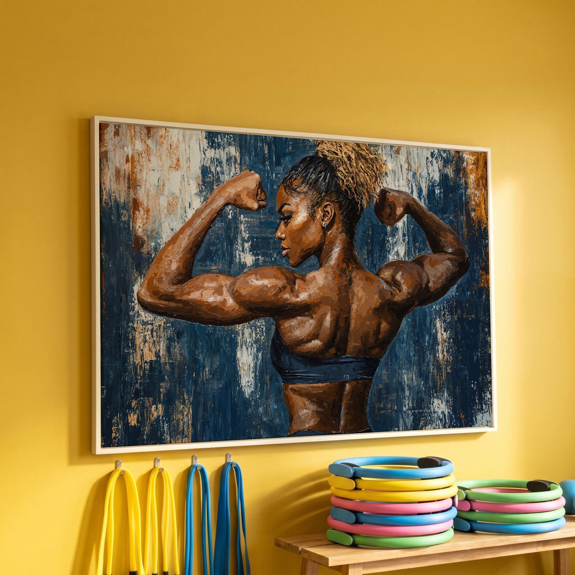 Muscular Woman Canvas Print for Gym Wall Art in white floating frame