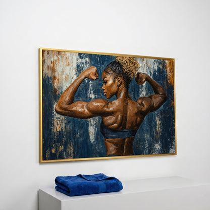 Muscular Woman Canvas Print for Gym Wall Art in yellow gold floating frame