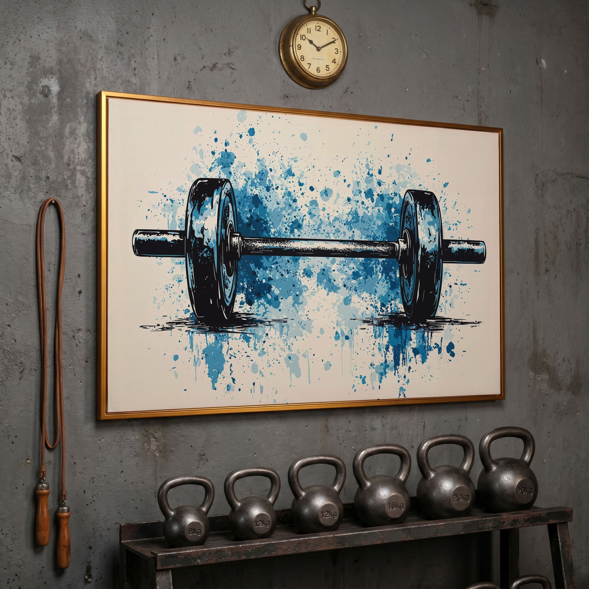Abstract Weightlifting Canvas. Navy and Umber Gym Art in antique gold floating frame