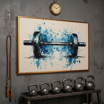 Abstract Weightlifting Canvas. Navy and Umber Gym Art in antique gold floating frame