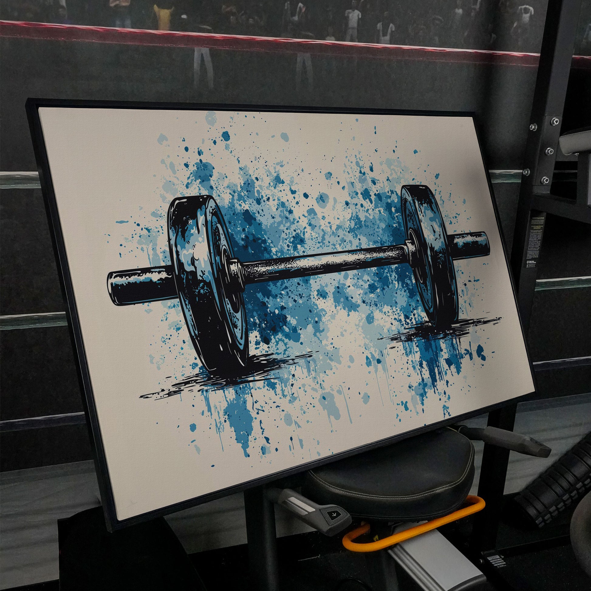 Abstract Weightlifting Canvas. Navy and Umber Gym Art in black floating frame