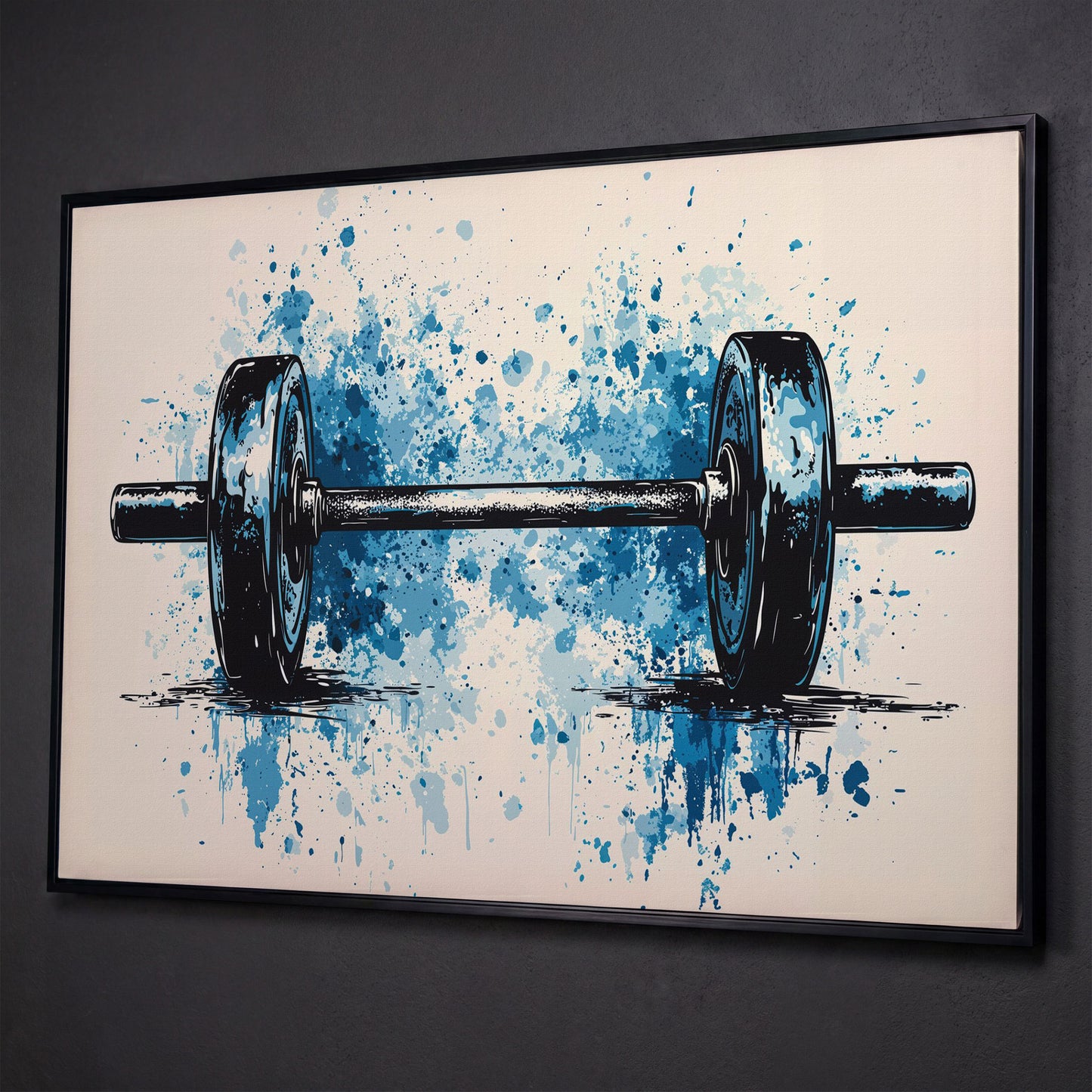 Abstract Weightlifting Canvas. Navy and Umber Gym Art shown in black floating frame