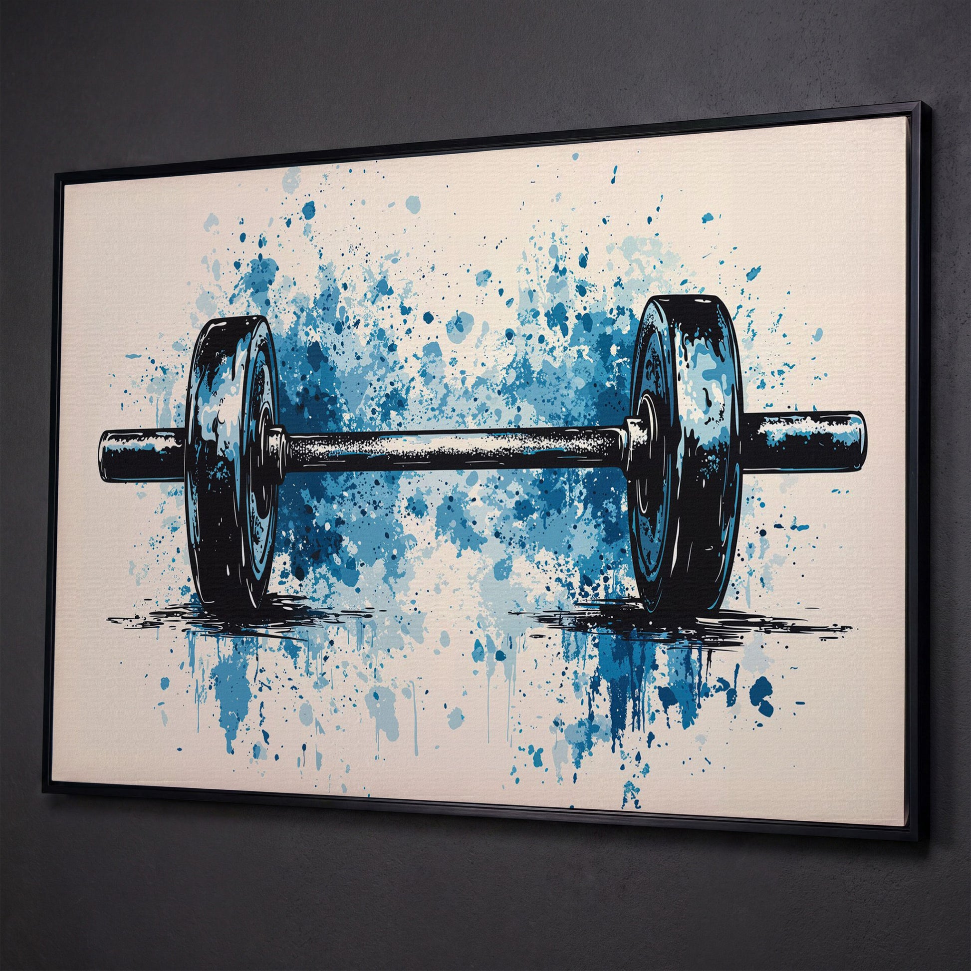 Abstract Weightlifting Canvas. Navy and Umber Gym Art shown in black floating frame