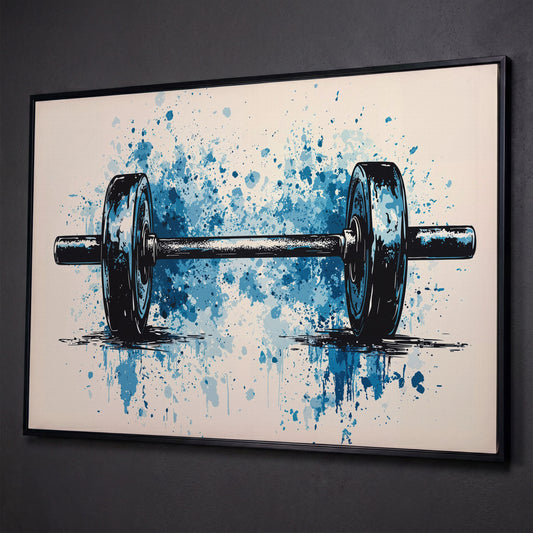 Abstract Weightlifting Canvas. Navy and Umber Gym Art shown in black floating frame