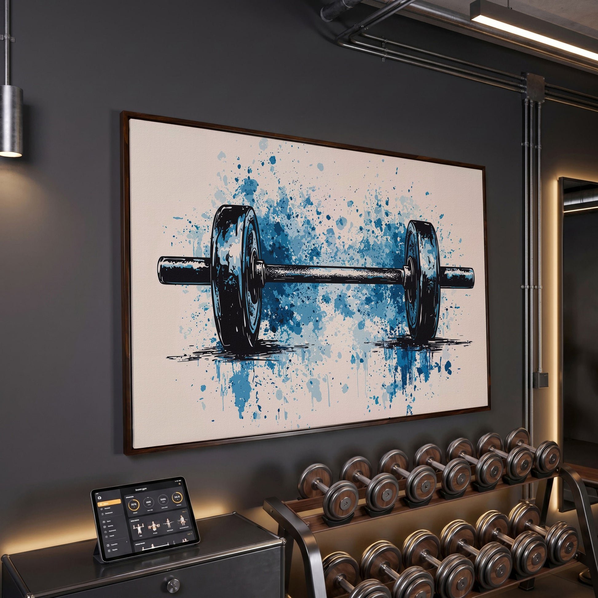Abstract Weightlifting Canvas. Navy and Umber Gym Art in dark walnut floating frame