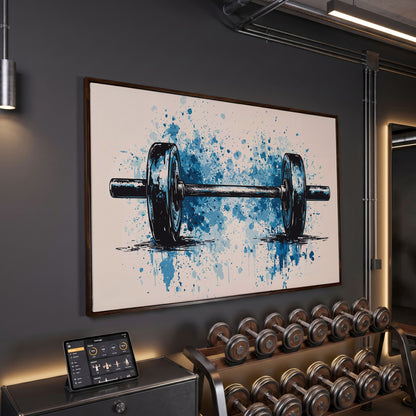 Abstract Weightlifting Canvas. Navy and Umber Gym Art in dark walnut floating frame