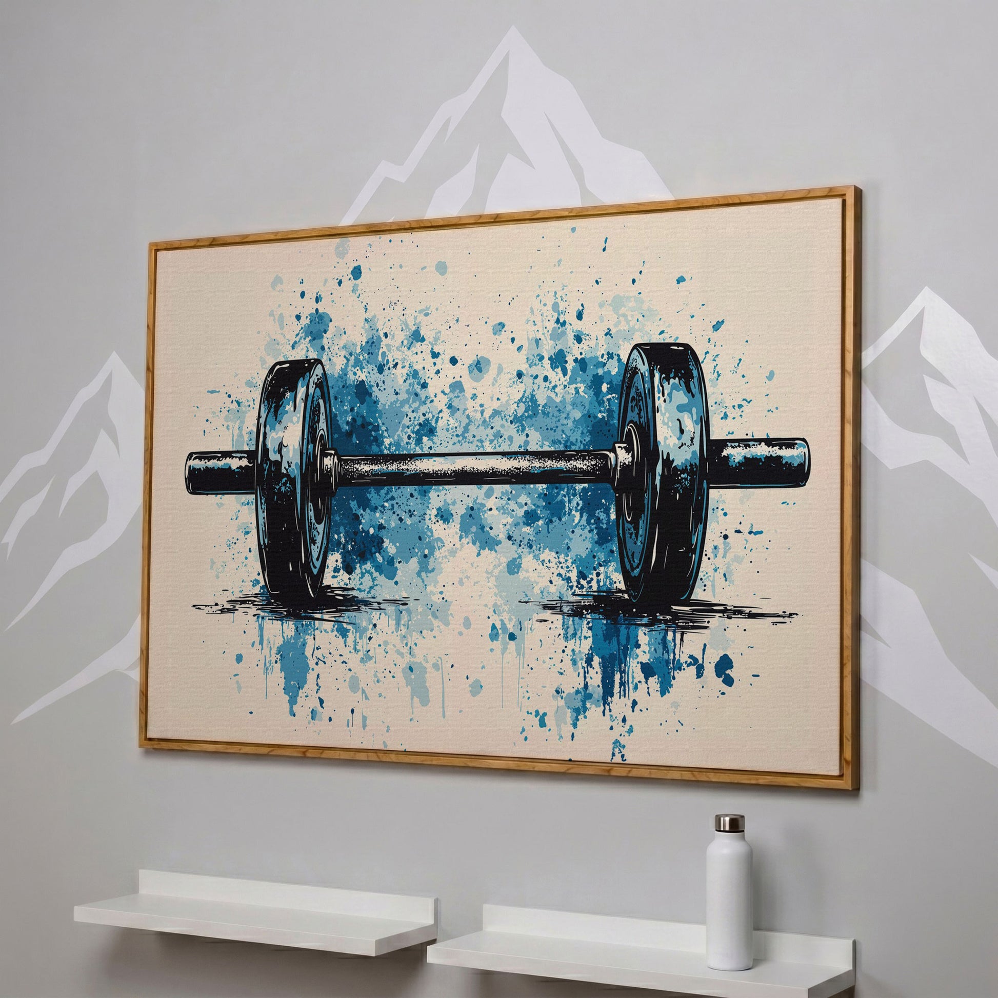 Abstract Weightlifting Canvas. Navy and Umber Gym Art in white oak floating frame