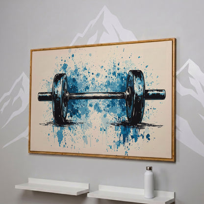 Abstract Weightlifting Canvas. Navy and Umber Gym Art in white oak floating frame