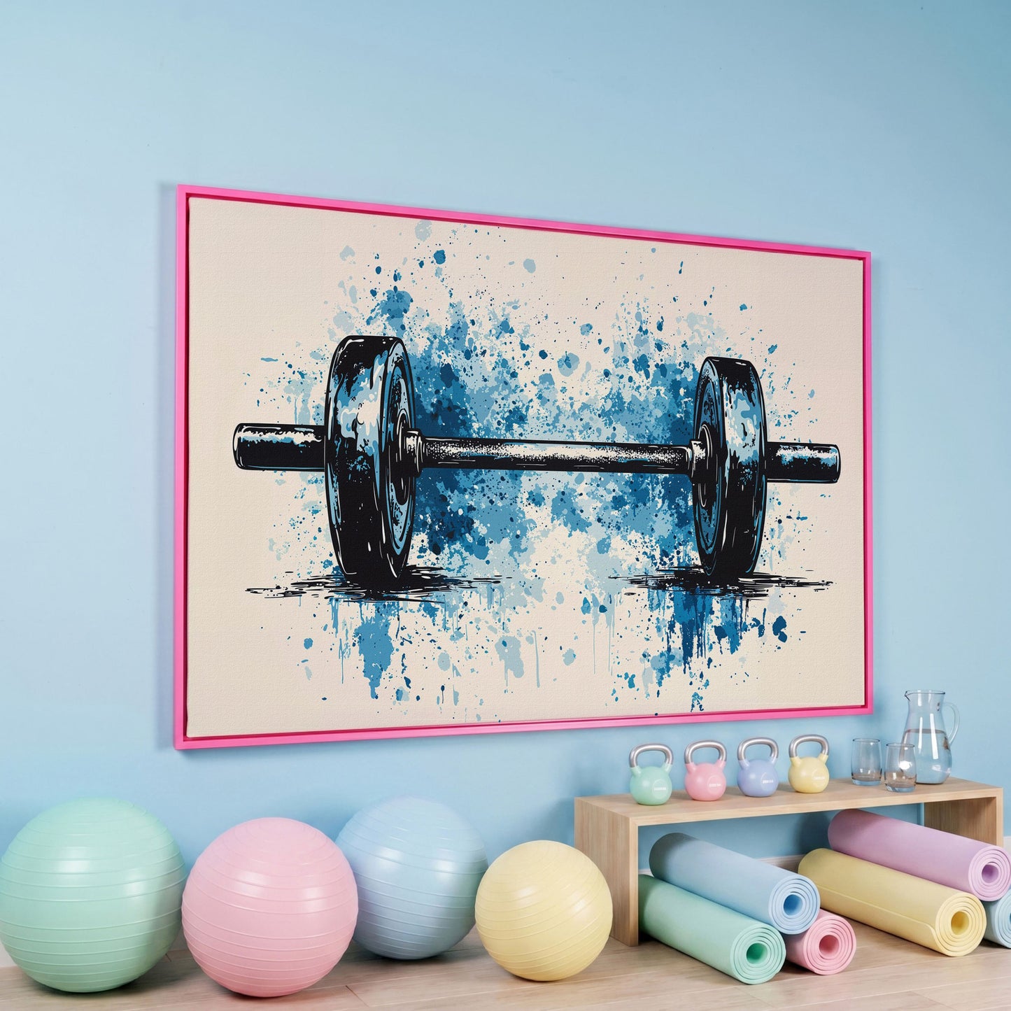 Abstract Weightlifting Canvas. Navy and Umber Gym Art in pink floating frame